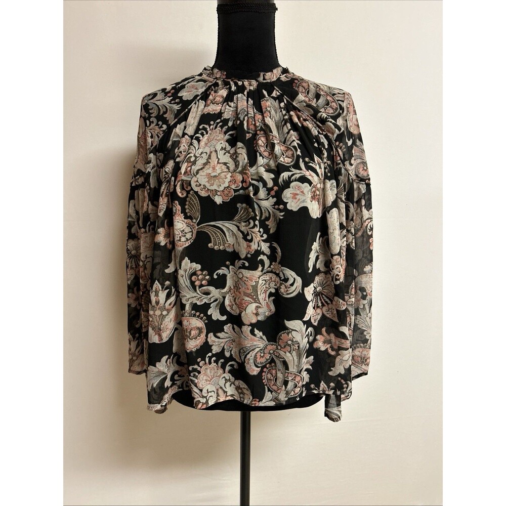 Loft Womens Sz XS Top Sheer Floral Print Peasant  Bell Sleeve Pullover Boho
